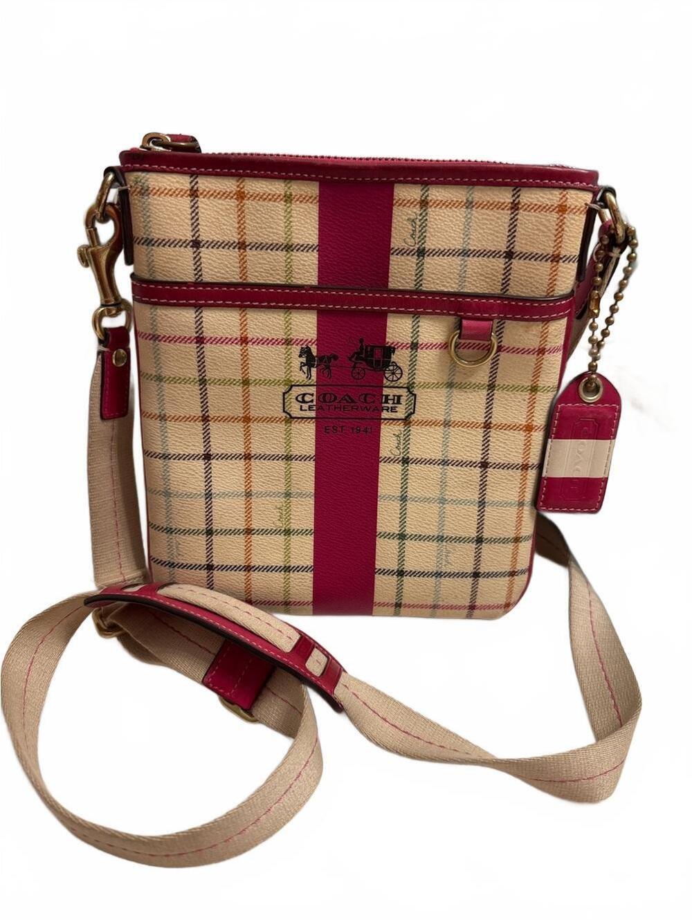 Coach Heritage Plaid Crossbody Bag with Pink Varsity Stripe Trim